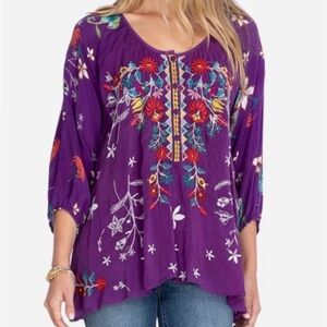 Johnny Was Forza Purple Floral Embroidered Pullover Button Blouse in Size Large
